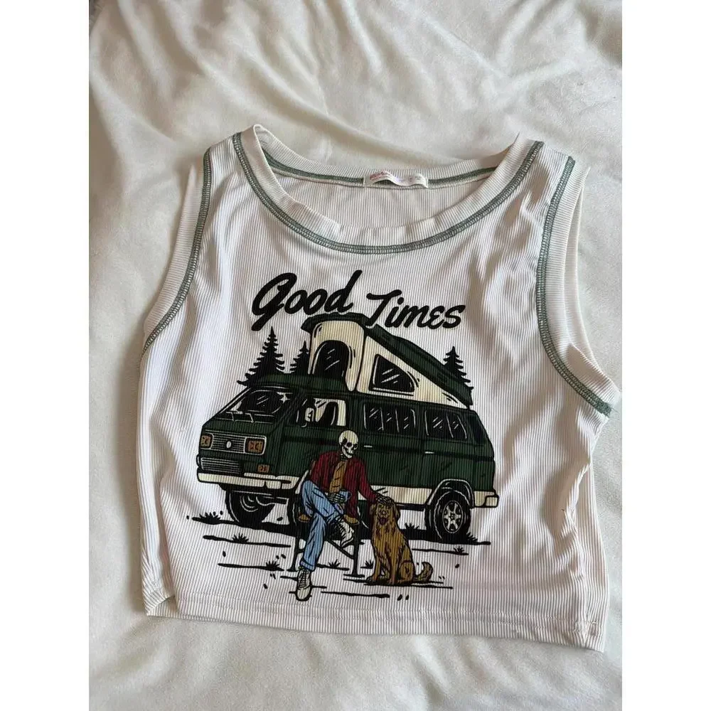 Romwe Good Times Skeleton Camper Van Graphic Ribbed Crop Tank Top Cream Size M - Picture 1 of 5